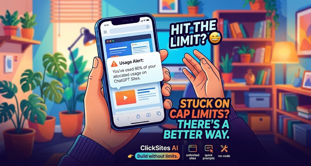 Illustration of a ChatGPT Sites 80 percent usage alert with ClickSites AI presented as another website-building option
