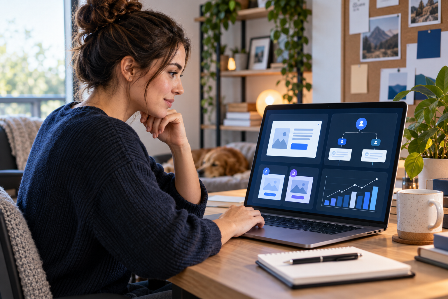 Small-business marketer reviewing targeted website messages, lead capture forms, A/B tests and conversion analytics