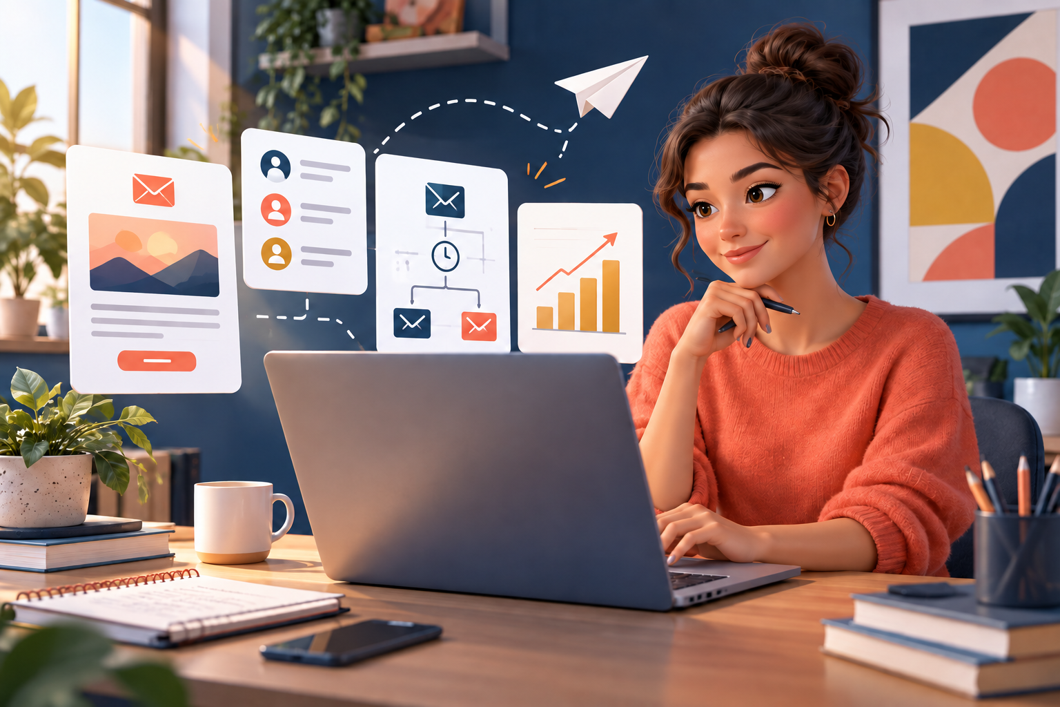 Small-business owner planning email campaigns, audience segments and marketing automations on a laptop